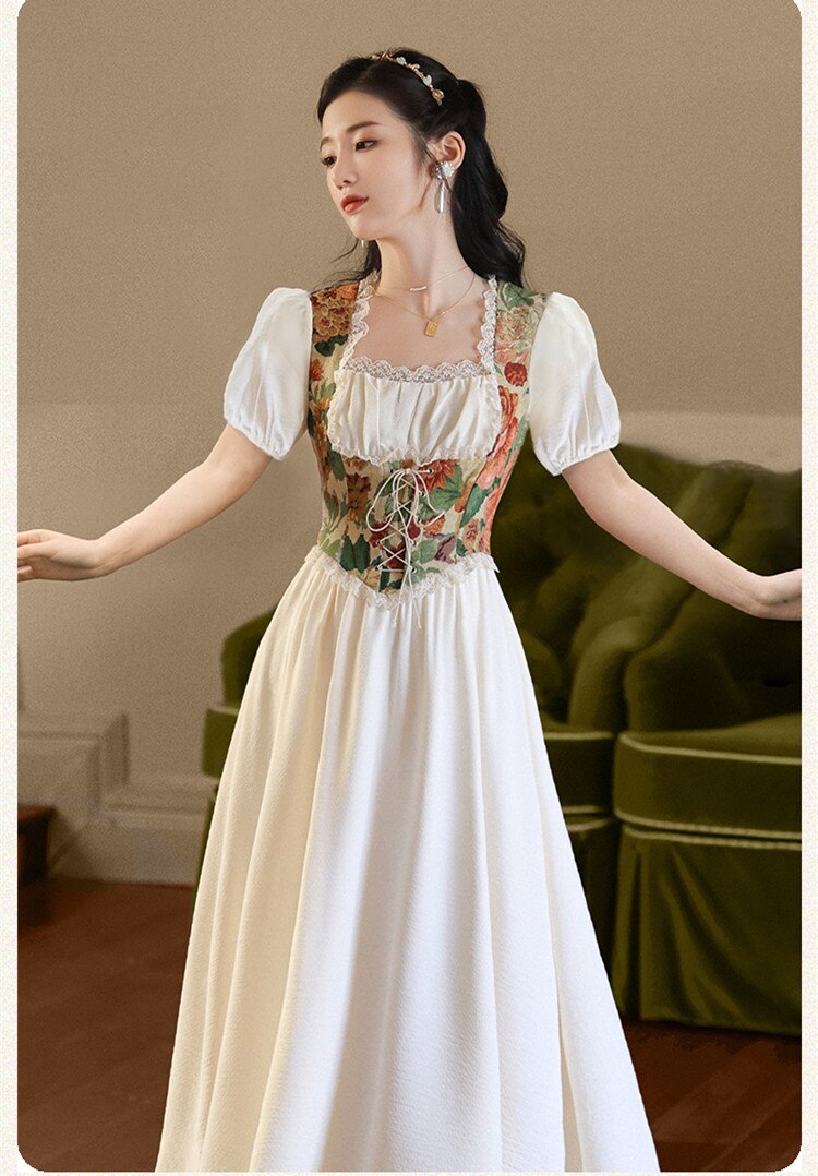 flowersverse Back to school outfit Style Retro Corset Dress Vintage Oil Painting Jacquard Lace Square Collar Bandage Princess Dresses Royal Vestido Festa