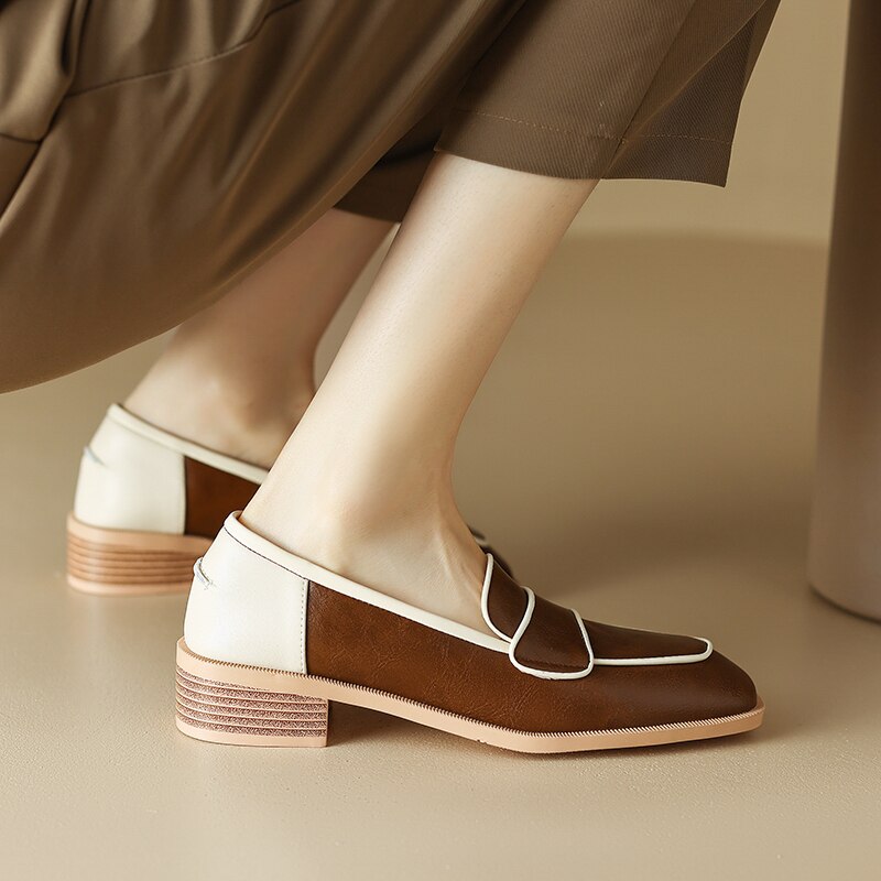 flowersverse new Spring women pumps natural leather 22-25cm cowhide+sheepskin square toe loafers mixed colors thick heels womens shoes