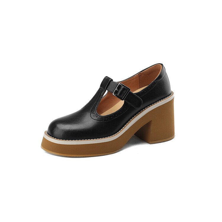 flowersverse NEW Spring Women Shoes Round Toe Chunky Heel Mary Janes Split Leather Platform Shoes for Women Fashion Solid High Heels Women
