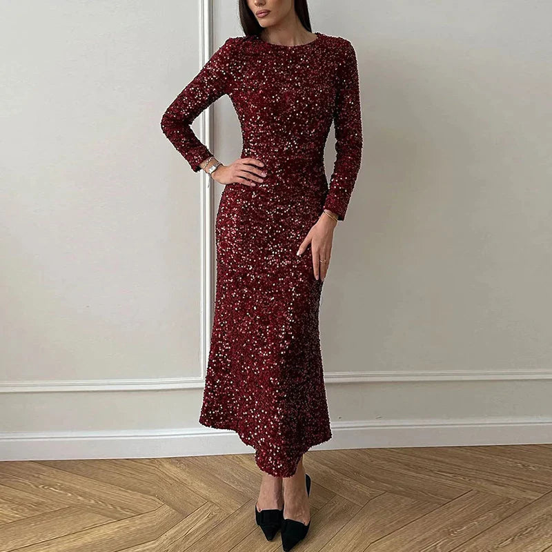 flowersverse-Women Dress Sexy Shiny Glitter Sequin Long Party Dress Spring Autumn O-neck Long Sleeve Slim Bodycon Maxi Dresses Vestidos