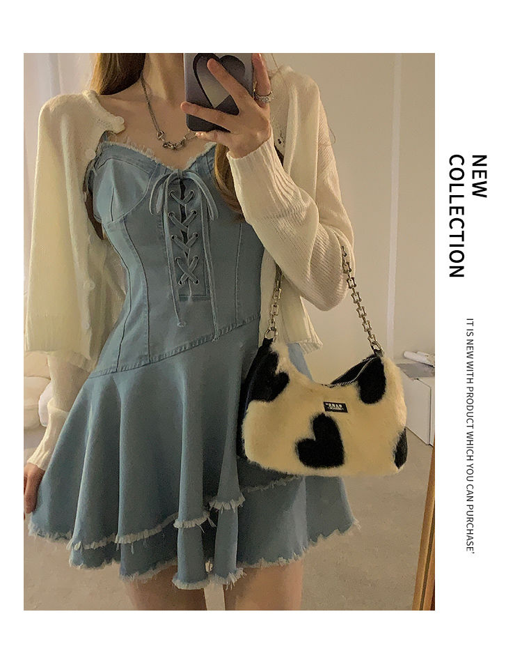 flowersverse Back to school outfit Summer Y2k Mini Dress Women Casual 2 Piece Dress Set Denim Blue Jean Dress Party Beach Style Korean Clothing Fashion Suits