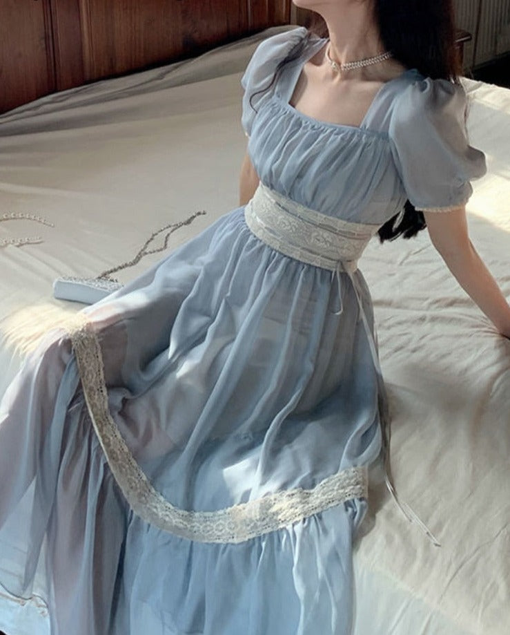 flowersverse Summer Elegant Fairy Midi Dress Women Blue Vintage Evening Beach Party Dresses Female Korean Fashion Holiday Chiffon Dress