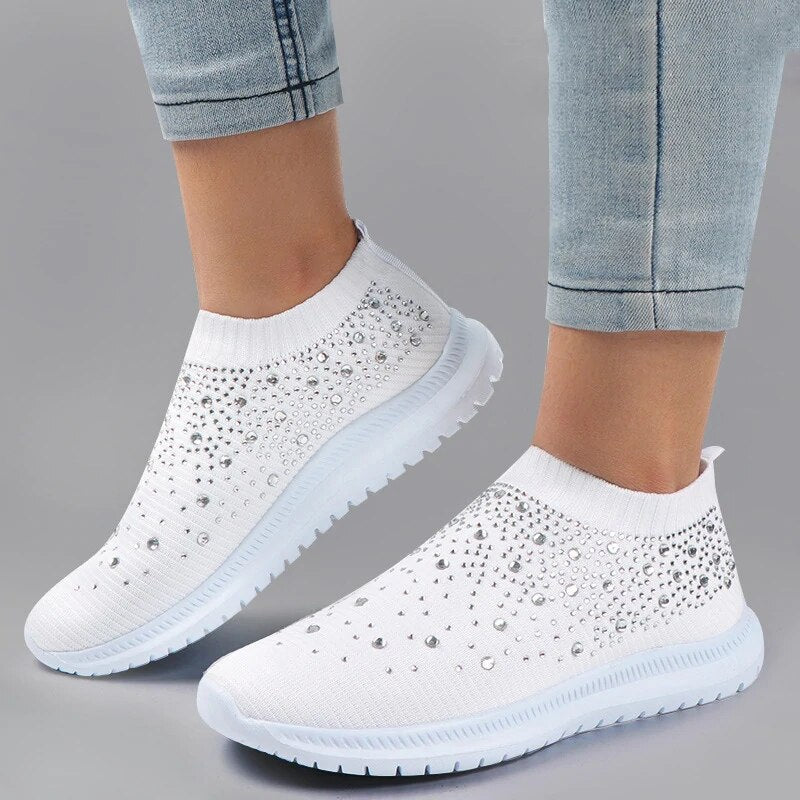 flowersverse Shining Crystal Flats Shoes for Women Plus Size Breathable Mesh White Sneakers Woman Spring Summer Soft Sole Sports Shoes