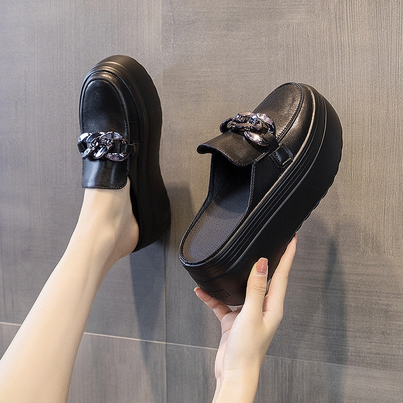 flowersverse 7Cm Genuine Leather Platform Shoes Wedge Slippers Chain Women Summer Shoes Genuine Leather Mules Sandals Slides For Women