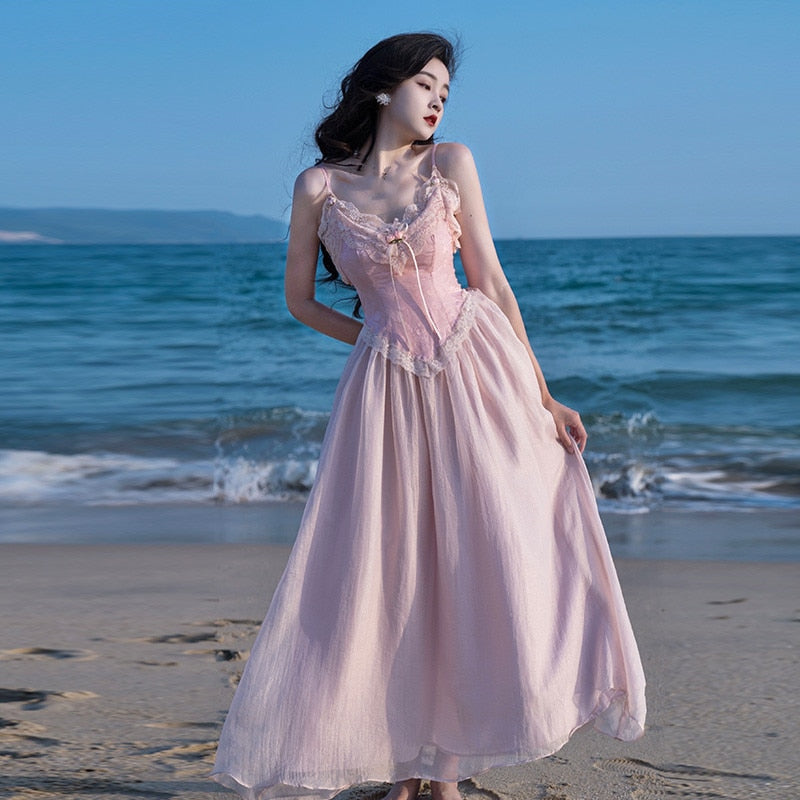 flowersverse Back to school outfit Retro French Style Pink Dress For Slim Lady Summer Jacquard Lace Spaghttti Strap Long Dresses Party Night Robe Rose Vestido