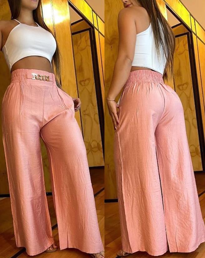 flowersverse Women Pants Summer Fashion Chain Decor High Casual Plain Pocket Design Waist Wide Leg Daily Vacation Long Pants Streetwear