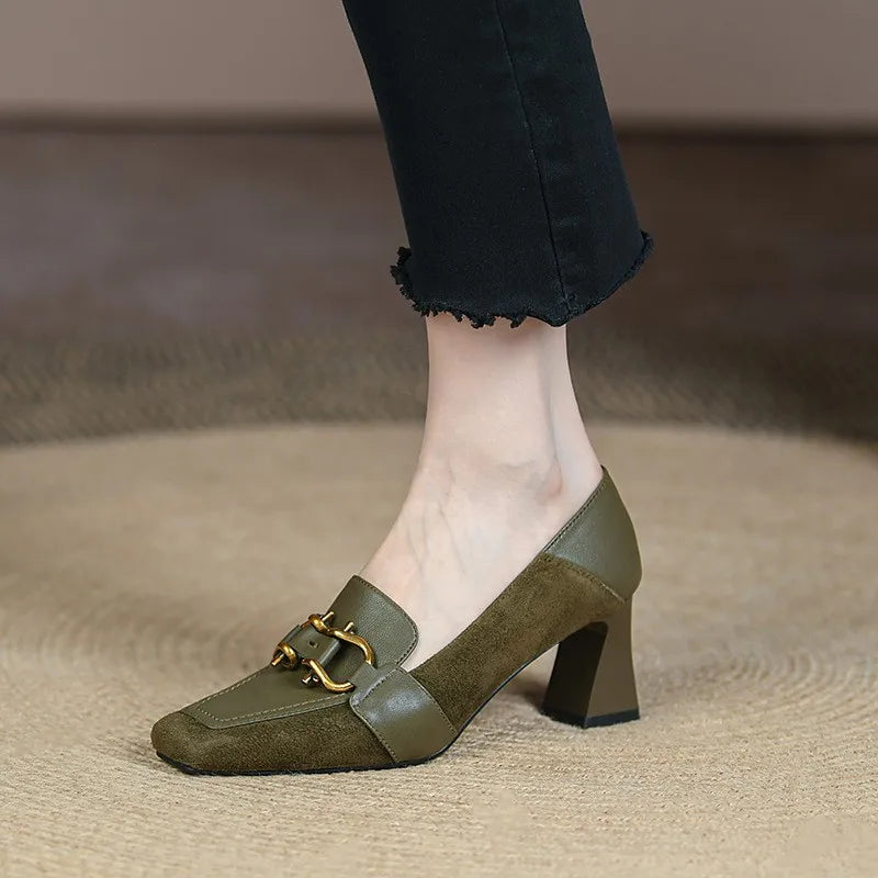 flowersverse-Retro Luxury Women's Shoes Pumps New Metal Decoration Square Toe Brand Mueller Shoes Green Designer High Heeled Loafers