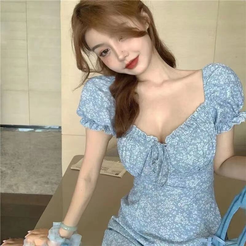 flowersverse Blue Floral Print Dress Party Bandage Bodycon Pencil Dress Elegant Female Vintage Women Sundress Pleated Vestido Mini Dress