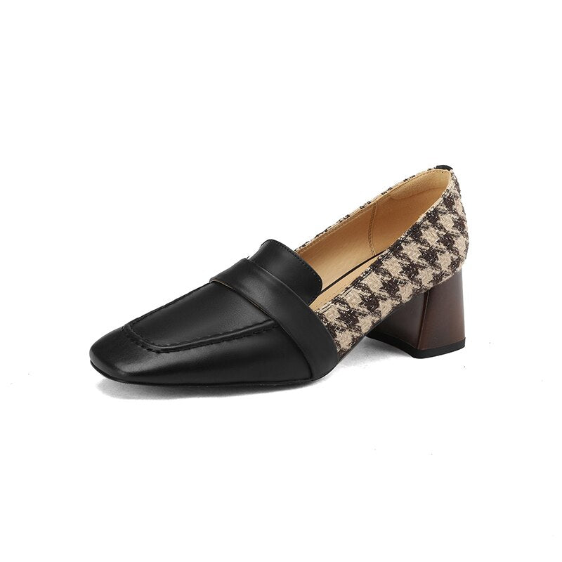Back to school new Spring women pumps natural leather plus size 22-25cm cowhide+Plaid full leather square toe thick heels women shoes