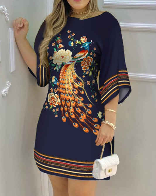 flowersverse Women's Dresses Spring Fashion Peacock Print Casual Round Neck Long Sleeve Daily Mini Loose Dress