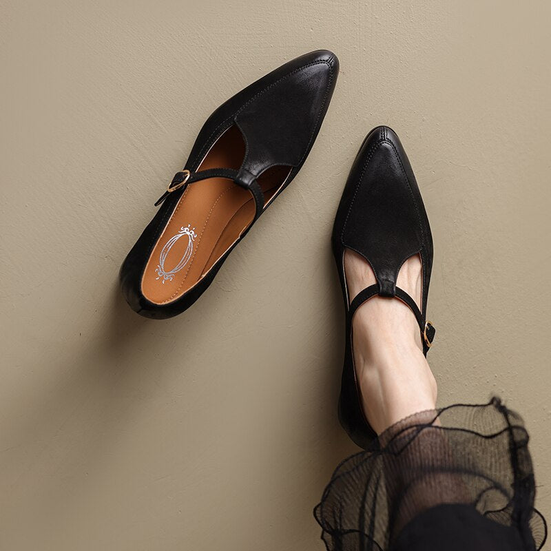Back to school new Spring women pumps natural leather 22-24.5cm length sheepskin t-tied pointed toe Buckle Mary Jane shoes T-strap
