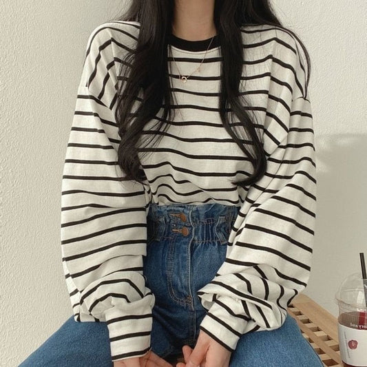 flowersverse Basic T-Shirts Women Striped Top All-Match Stylish Daily Lazy Simple Spring Autumn Long Sleeve Tees Korean Style Hot Sale New
