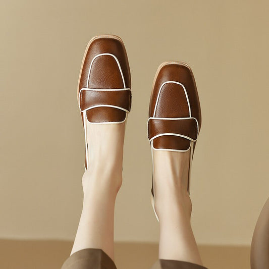 flowersverse new Spring women pumps natural leather 22-25cm cowhide+sheepskin square toe loafers mixed colors thick heels womens shoes