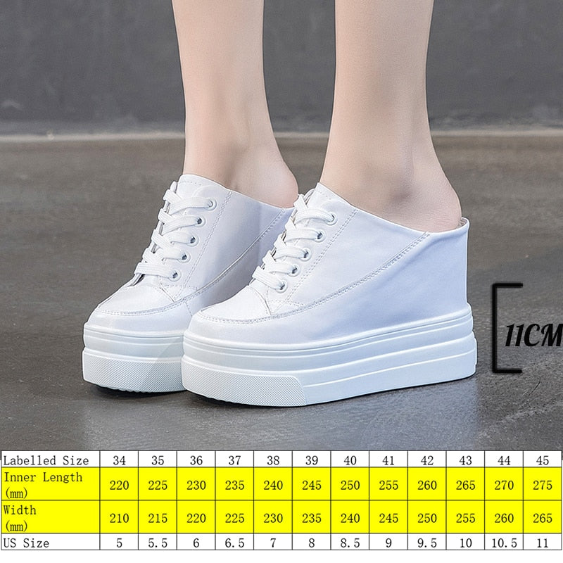 flowersverse 11Cm Platform Wedge Women Shoes Mules Genuine Leather Hidden Heel Women Summer Shoes Slides Sandals Slippers Spring Autumn