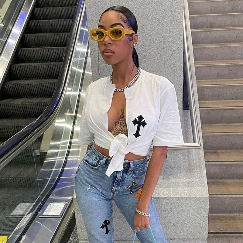 Back to college Print Short Sleeves Hollow Out Bandage Lace Up Crop Top T Shirt Summer Fashion Outfit Streetwear Club Y2K