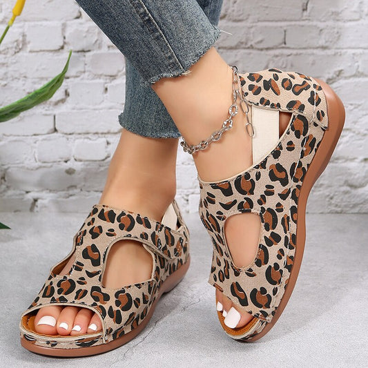 flowersverse Vintage Leopard Print Roman Sandals Women Peep Toe Hollow Out Wedge Sandalias Mujer Thick Sole Non Slip Summer Shoes Woman