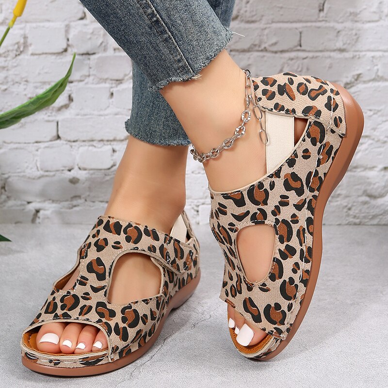flowersverse Vintage Leopard Print Roman Sandals Women Peep Toe Hollow Out Wedge Sandalias Mujer Thick Sole Non Slip Summer Shoes Woman