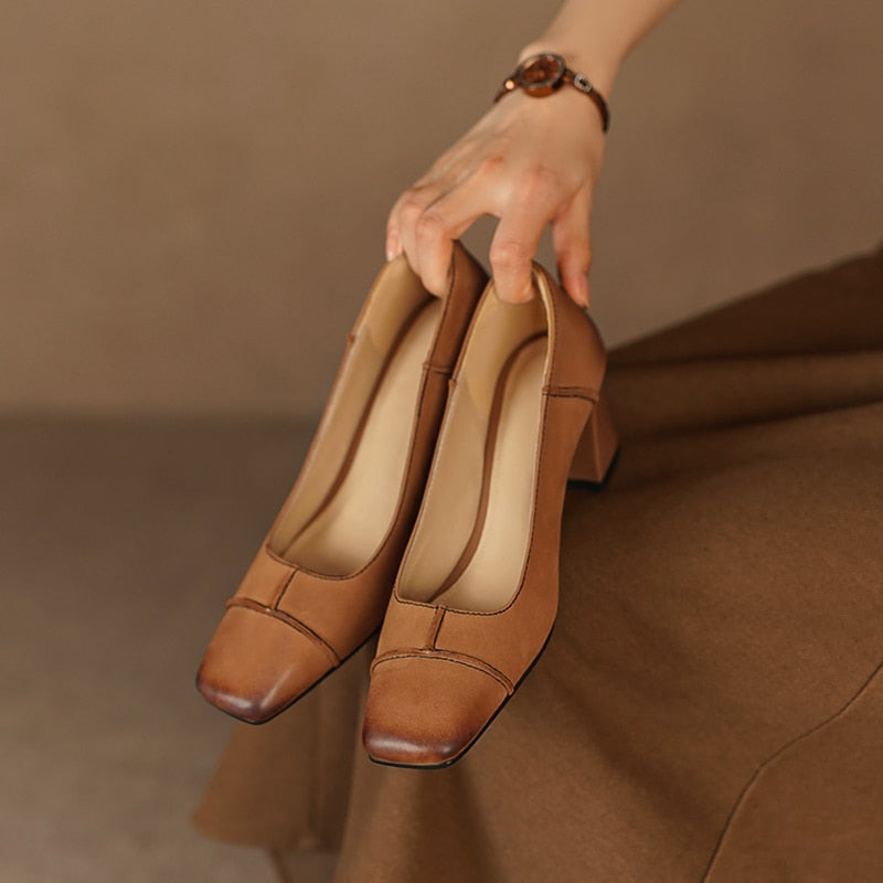 flowersverse new Spring women pumps natural leather 22-25cm length sheepskin+cowhide+pigskin full leather square toe shoes fashion