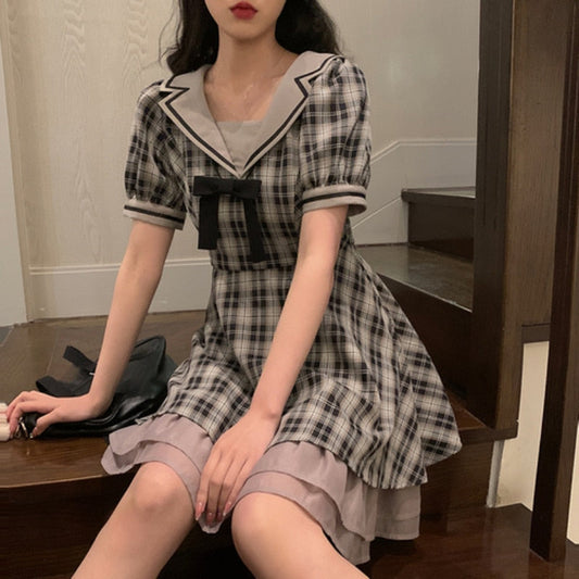 flowersverse Back to school outfit Vintage Sweet Plaid Short Party Dress Slim Fashion Chiffon Chic Mini Dress Even Party Preppy Style Dress For Women Summer