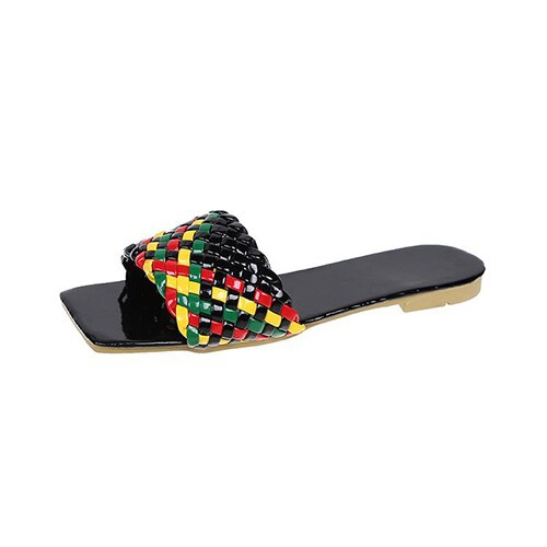 flowersverse New Fashion Weave Slippers Women Square Toe Flat Casual Shoes Women Slide Summer Flip Flops Beach Sandal Slipper Big Size42