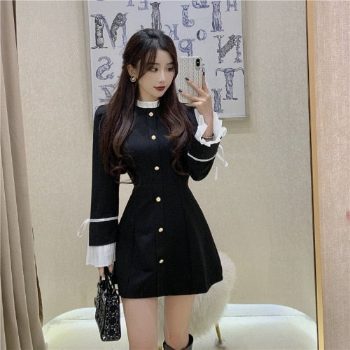 flowersverse Back to school outfit Women Dress Spring Autumn Japanese Sweet Temperament Female Lace-Up Stand-Up Collar Petal Sleeve Design Vestidos