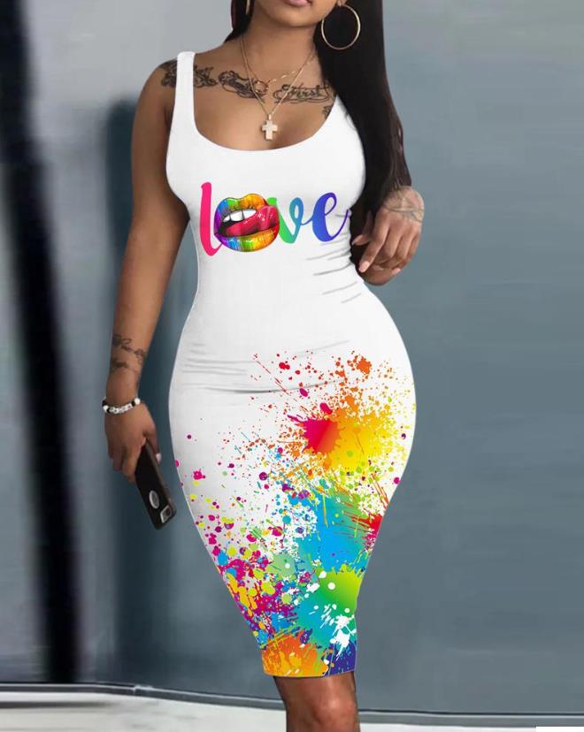 flowersverse Summer Dresses for Women Map Print Sleeveless U-Neck Bodycon Mini Daily Dress