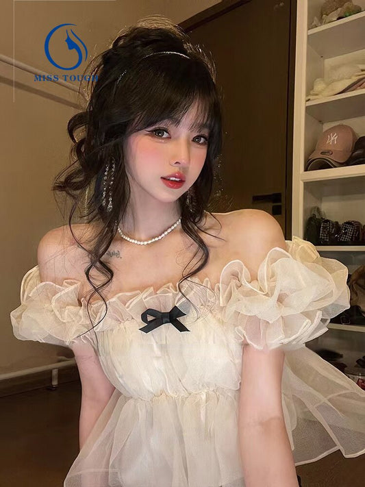 flowersverse Back to school outfit Summer Sweet Fairy Blouse Women Casual Beach Style Sexy Crop Tops Female Kawaii Clothing Short Sleeve Shirts Korean Chic