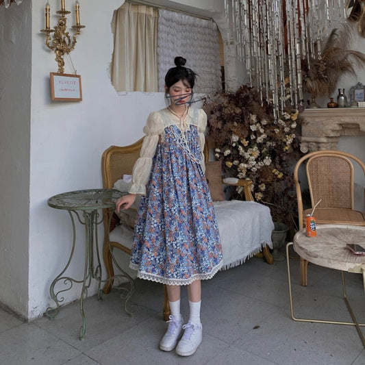 flowersverse Autumn Sweet Elegant Floral Dress Women Korean Fashion Vintage Evening Party Midi Dresses Print Retro Suspender Dress