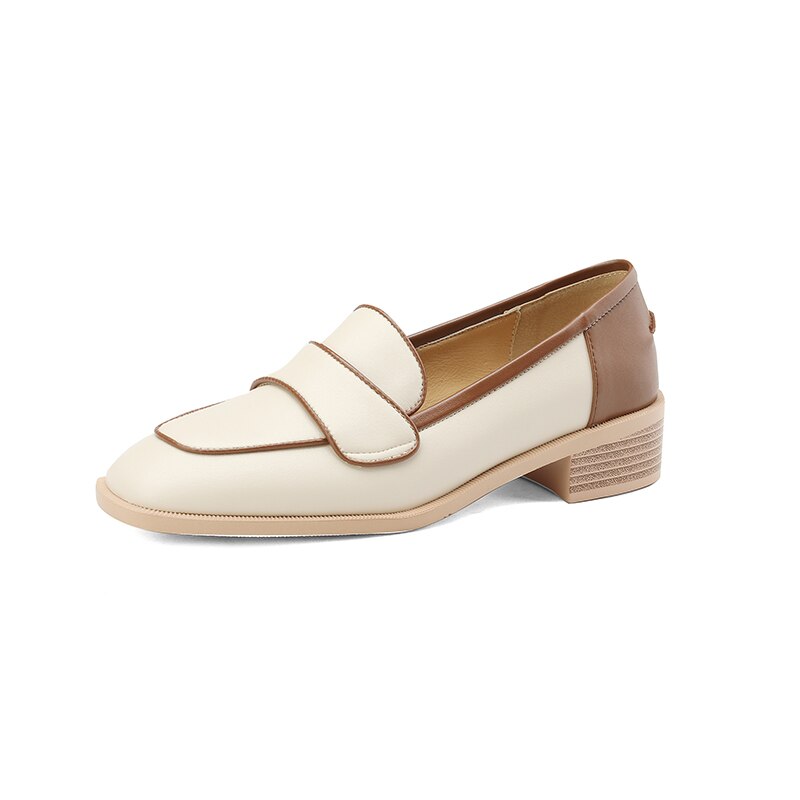 flowersverse new Spring women pumps natural leather 22-25cm cowhide+sheepskin square toe loafers mixed colors thick heels womens shoes