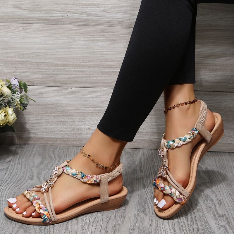 flowersverse Women Wedges Bohemian Sandals Summer Flower Non Slip Beach Sandalias Mujer Elastic Band Low Heels Roman Shoes Woman
