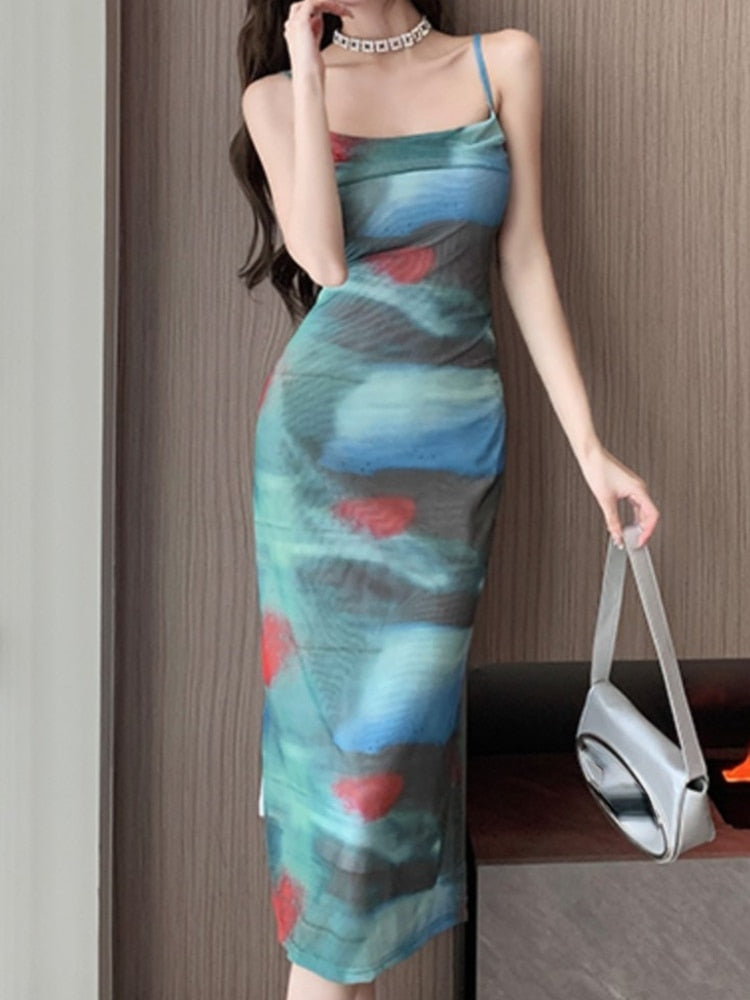 flowersverse Bodycon Slim Spaghetti Strap Midi Summer Dresses Women Elegant and Chic Party Beach Print Vestidos Female Evening Robe New