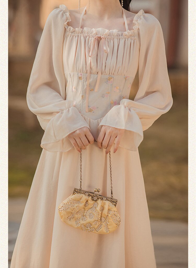 flowersverse Back to school Summer Vintage Cottage Style Woman Dress Mori Girl Embroidery Floral Petal Sleeve Bandage Retro Princess Dresses Vestido Festa