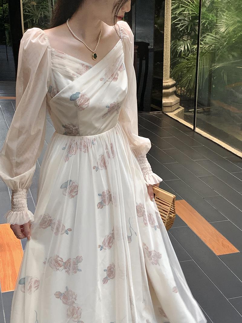 flowersverse Autumn Lace Floral Print Dress Women Casual Fairy Party Midi Dress Female Korean Fashion Patchwork Vintage Chic Dress New