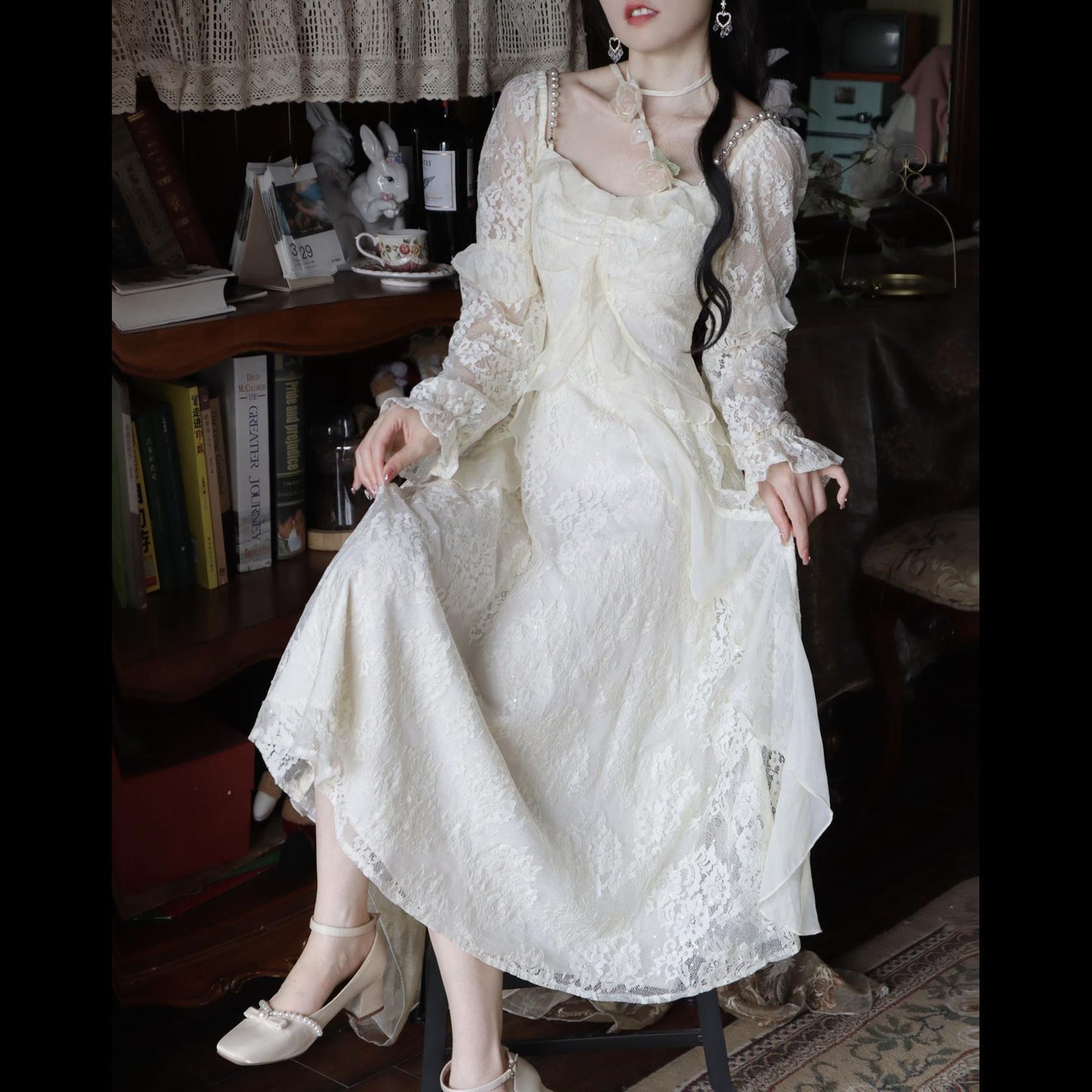 flowersverse Autumn Vintage Lace Fairy Dress Women Solid Floral Party Midi Dress Female Korean Fashion Designer Elegant Slim Dress New