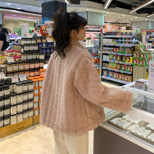 flowersverse Basic Jackets Women Solid Simple Trendy Teens Loose Winter Cozy Chic Casual College Young Ladies Korean Style All-Match Leisure