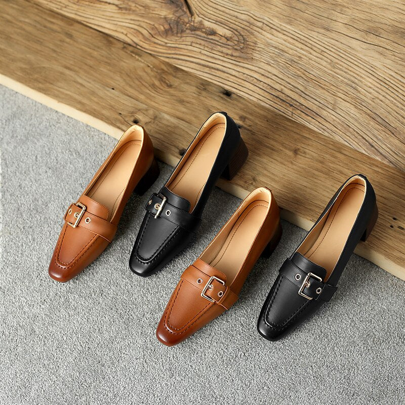 flowersverse new women pumps natural leather 22-25cm length cowhide+pigskin full leather Square toe Buckle Square heel ladies shoes