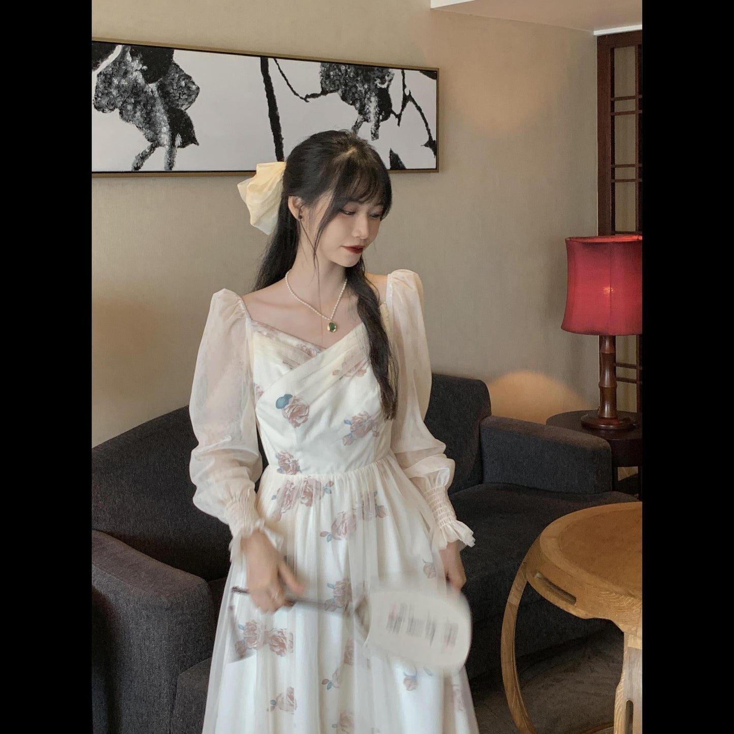 flowersverse Autumn Lace Floral Print Dress Women Casual Fairy Party Midi Dress Female Korean Fashion Patchwork Vintage Chic Dress New