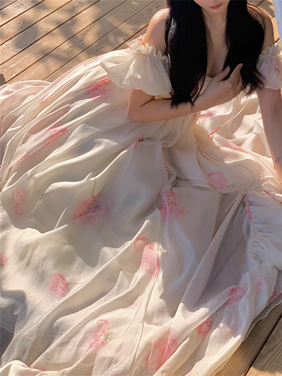 flowersverse Beach Long Dress Women Elegant Korean Summer New Puff Sleeve Fashion Evening Party Ladies Vintage Female Holiday Clothes