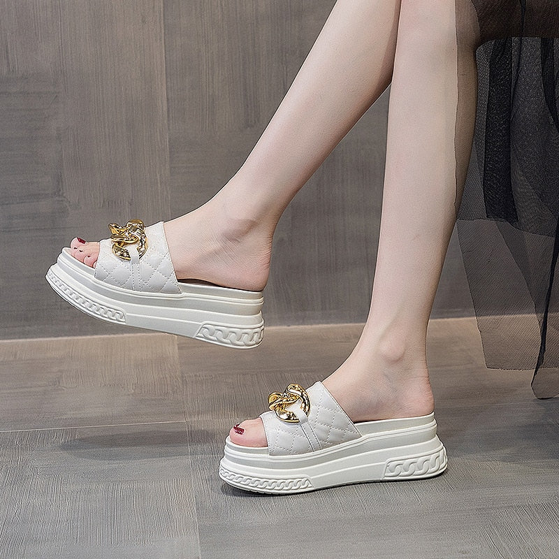 flowersverse 7Cm Genuine Leather Women Summer Shoes Outside Slippers Beach Shoes Platform Wedges Slides Sandals Beach Shoes