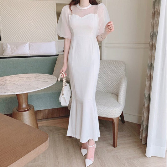 flowersverse Back to school outfit Elegant Dress Women Korean Chic French Summer O Neck Mesh Stitching Puff Sleeve High Waist Slim Long Fishtail Vestidos