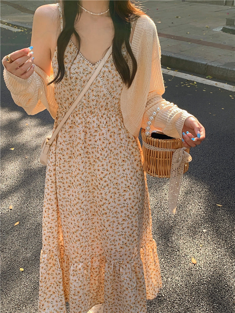 flowersverse Back to school outfit Floral Strap Dress Women Casual Elegant Vintage 2 Piece Dress Set Even Party Sleeveless Fashion Suits Korea Clothing Summer