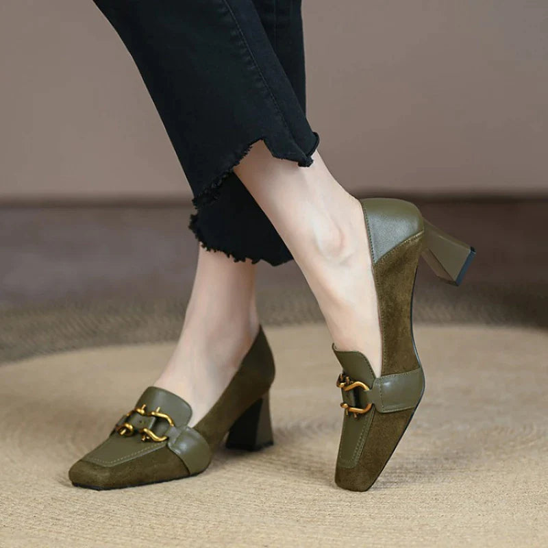 flowersverse-Retro Luxury Women's Shoes Pumps New Metal Decoration Square Toe Brand Mueller Shoes Green Designer High Heeled Loafers