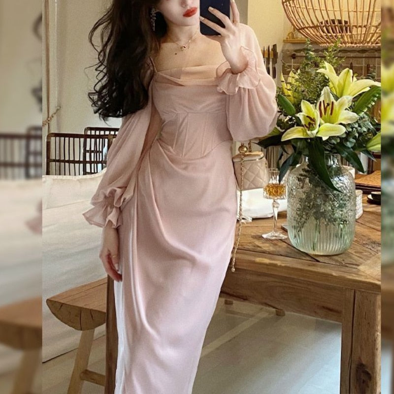 flowersverse Autumn Solid Elegant Fairy Dress Women Casual One Piece Party Midi Dress Female Lace Korean Fashion Vintage Chic Dress New