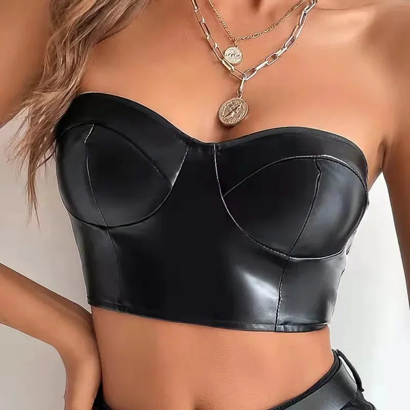 flowersverse-Sexy Tank Top Glossy PU Leather Halter Crop Tops Women Wrap Chest Bare Midriff Camisole Sleeveless Tube Top Female Cropped Vest