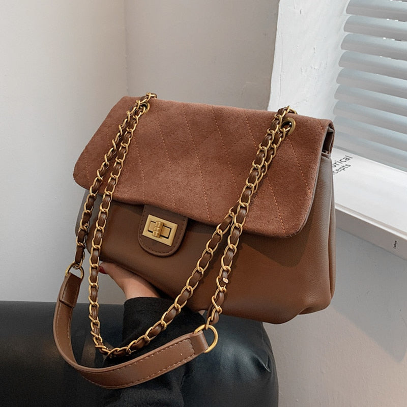 flowersverse Back to school Suede Chain Crossbody Shoulder Bags For Women Trend Vintage Luxury Designer Lingge Thread Sling Ladies Handbags
