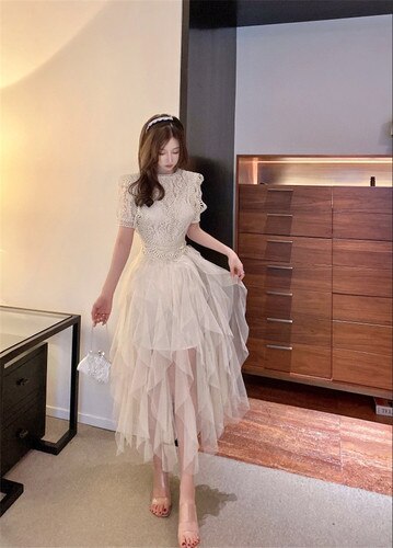 flowersverse Apricot Mesh Dress Woman Summer Vintage High Waist Ball Gown Dress Bodycon Female Elegant Party Bridesmaid Maxi Dresses Woman