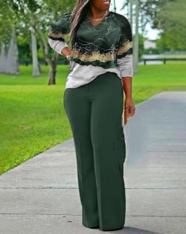 flowersverse Two Piece Sets Womens Outifits Spring Fashion Marble Print V-Neck Long Sleeve Top & Casual High Waist Daily Long Pants Set
