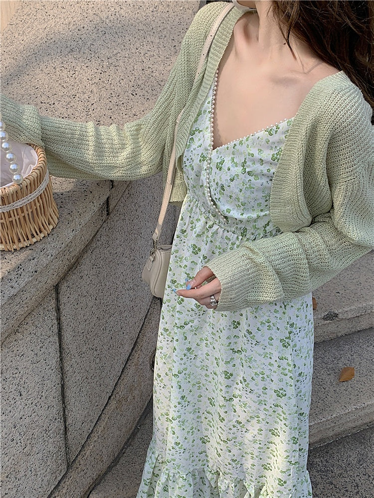 flowersverse Back to school outfit Floral Strap Dress Women Casual Elegant Vintage 2 Piece Dress Set Even Party Sleeveless Fashion Suits Korea Clothing Summer