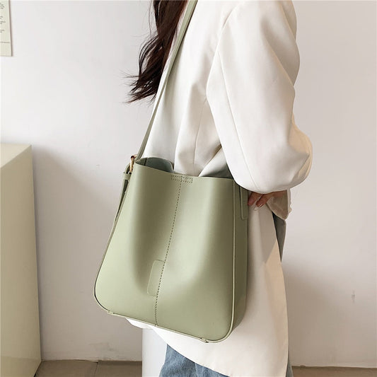 flowersverse Back to school Wide Strap Bucket Large Shoulder Bags For Women Trend Fashion Simple Solid Color Design Crossbody Ladies Handbags