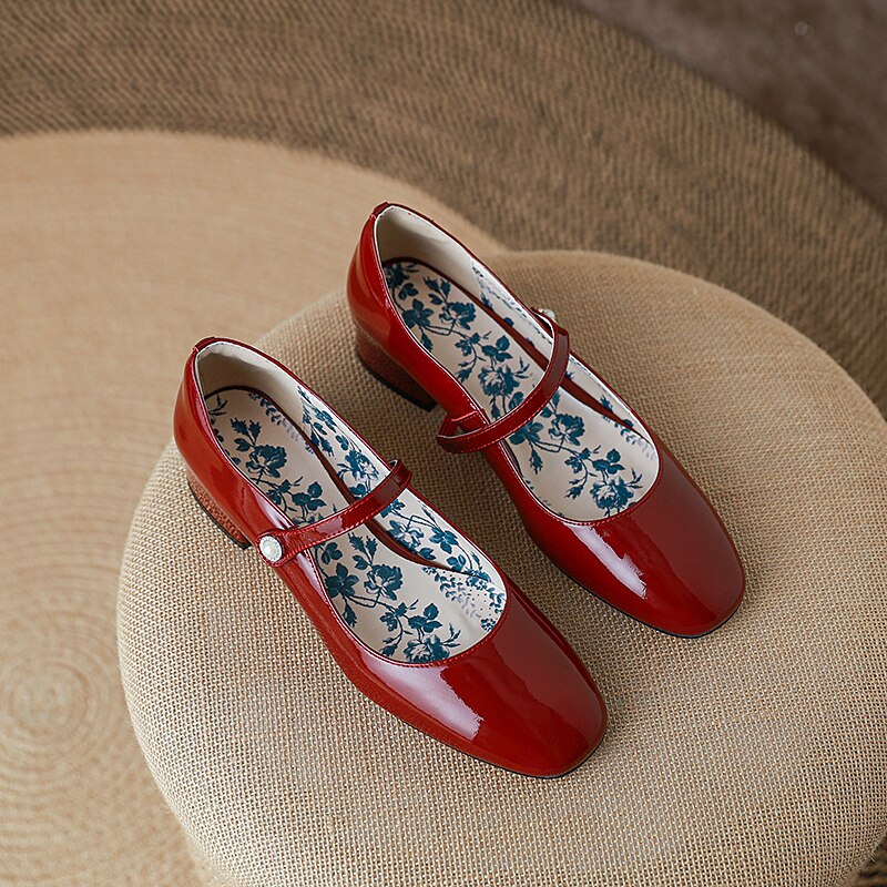 Back to school new spring women pumps natural leather 22-25cm length cowhide Patent leather round toe Mary Jane Middle heel women shoes